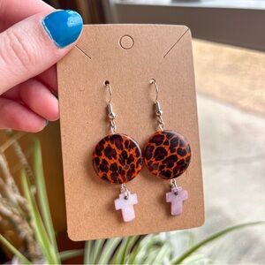 Leopard Print & Pink Cross Earrings